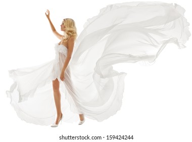 Beautiful Woman Blonde In White Dress With Flying Fabric Over White Background 