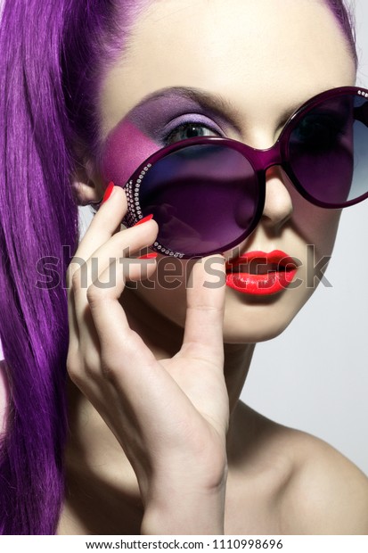 Beautiful Woman Blue Eyes Bright Purple Stock Photo Edit Now