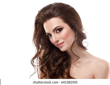 Beautiful Woman Brunette Red Lips Healthy Beauty Skin Smile. Spa Beautiful Model Girl Cute Face over white background.