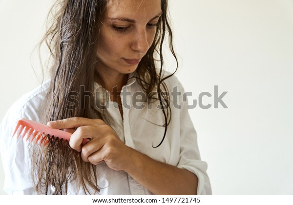 Beautiful Woman Brushing Her Wet Messy Stock Photo Edit Now