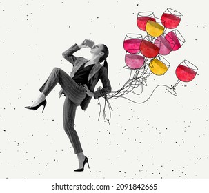 Beautiful woman in business suit drinks coffee and strolling with wine glasses as balloons. Copy space for ad, text. Conceptual, contemporary bright artcollage. Retro styled, surrealism, fashionable.