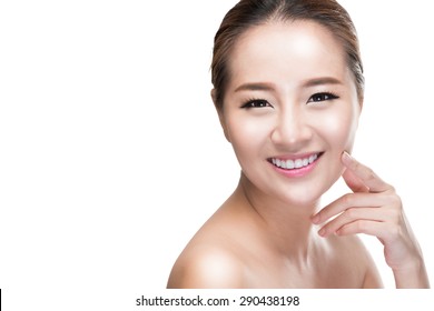 Beautiful Woman Cares For The Skin Face - Posing At Studio Isolated On White With Clipping Path,asian Beauty.