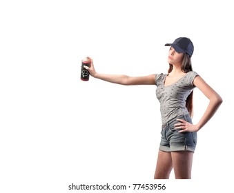 Beautiful Woman In Casual Clothes Holding A Spray Can