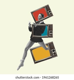 Beautiful woman in casual running throught TV boxes on yellow background. Copy space for ad, text. Modern design. Conceptual, contemporary bright artcollage. Retro styled, surrealism, fashionable. - Shutterstock ID 1961268265