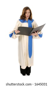 Beautiful Woman Church Choir Member In Choir Robe Holding A Music Folder And Singing.  Isolated On White.