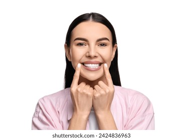 Beautiful woman with clean teeth smiling on white background - Powered by Shutterstock