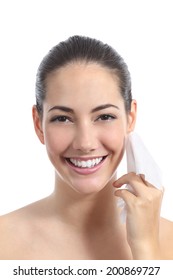 Beautiful Woman Cleaning Face With A Facial Wipe Isolated On A White Background        