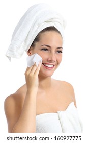 Beautiful Woman Cleaning Her Face With A Baby Wipe Isolated On A White Background              