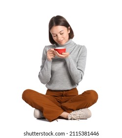 Beautiful Woman With Cup Of Coffee On White Background