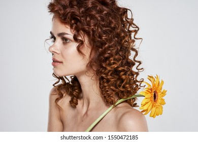 Pretty Woman Curly Hair Nude Shoulders Stock Photo