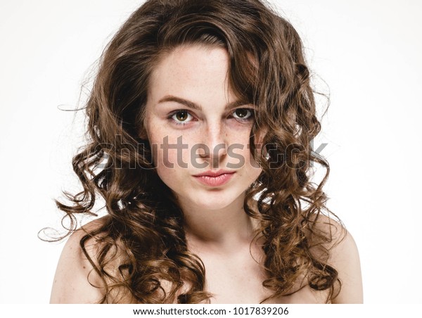 Beautiful Woman Curly Hair Portrait Freckles Stock Photo Edit Now