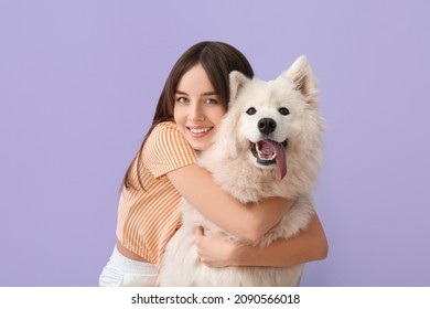 Beautiful Woman With Cute Dog On Color Background