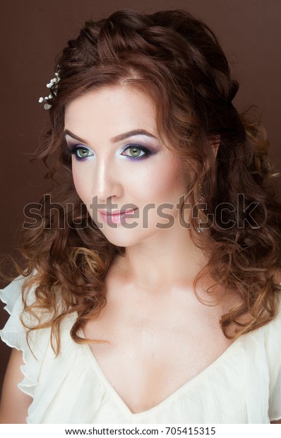 Beautiful Woman Dark Wavy Hair Festive Stock Photo Edit Now