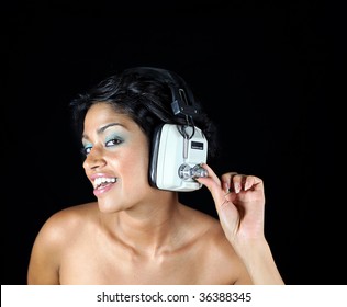 Beautiful Woman Dj Wearing Retro Headphones