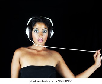 Beautiful Woman Dj Wearing Retro Headphones