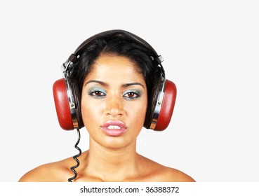 Beautiful Woman Dj Wearing Retro Headphones