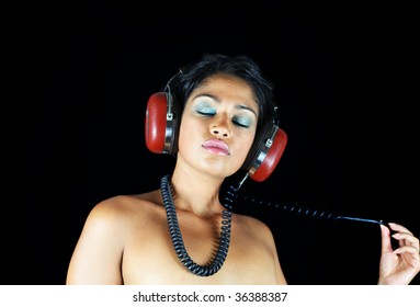 Beautiful Woman Dj Wearing Retro Headphones