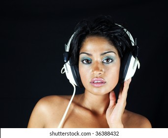 Beautiful Woman Dj Wearing Retro Headphones