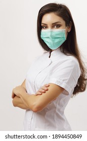 Beautiful Woman Doctor Folded Arms Wearing Mask