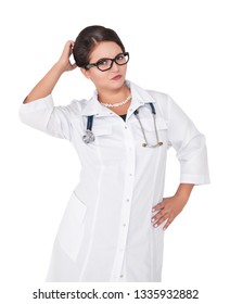 Beautiful Woman Doctor Scratching Head Isolated On White