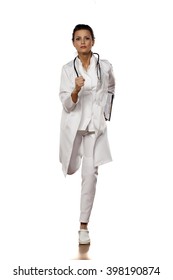 Beautiful Woman Doctor In Uniform Running On White Background