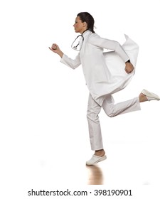 Beautiful Woman Doctor In Uniform Running On White Background