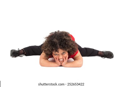 Beautiful woman doing different expressions in different sets of clothes: do a split