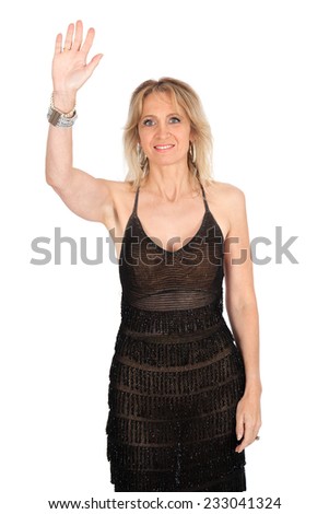 Beautiful woman doing different expressions in different sets of clothes: waving