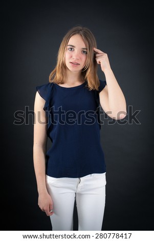 Beautiful woman doing different expressions in different sets of clothes: you are crazy