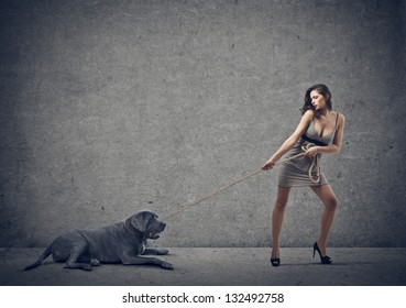 Beautiful Woman Drags Big Dog