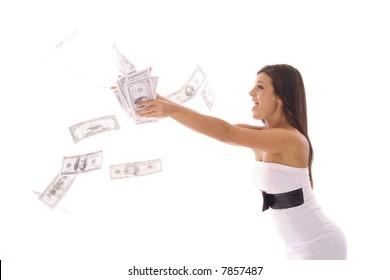 Beautiful Woman In A Dress Catching Money