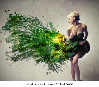beautiful woman dressed in elegant green dress