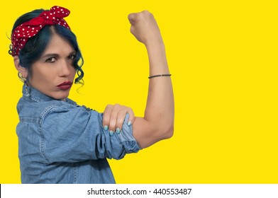 Beautiful Woman Dressed As The Iconic Rosie The Riveter