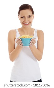 Beautiful Woman Eating Pasta From A Bowl.