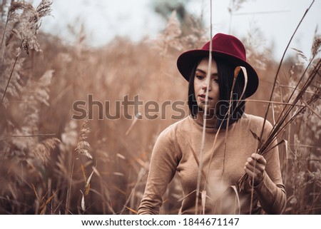 Similar – a girl with long hair and blue eyes in the mountain covering her face with her hair