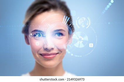 Beautiful woman and eye with digital biometric verification. Face detection and scanner. Concept of face id and artificial intelligence.