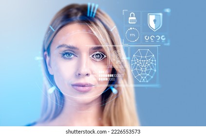 Beautiful woman and eye with digital biometric scanning and data analysis. Face detection and scanner. Concept of face id and artificial intelligence