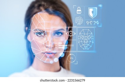 Beautiful woman and eye with digital biometric scanning and data analysis. Face detection and scanner. Concept of face id and artificial intelligence