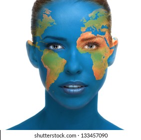 Beautiful Woman Face Close Up With Planet Earth Texture. Elements Of This Image Furnished By NASA