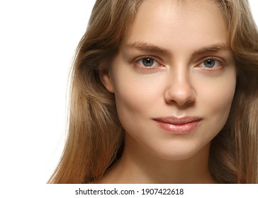 Beautiful Woman Face Close Up Portrait Young Studio On White With Curly Long Blonde Amazing Hair
