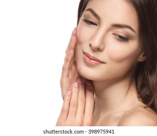 Beautiful Woman Face Close Up Portrait Young Studio On White