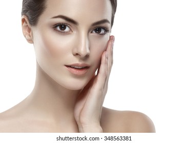 Beautiful woman face close up studio on white portrait - Shutterstock ID 348563381