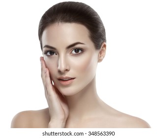 Beautiful woman face close up studio on white portrait - Shutterstock ID 348563390
