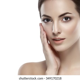 Beautiful woman face close up studio on white portrait - Shutterstock ID 349170218