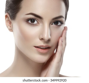 Beautiful woman face close up studio on white portrait - Shutterstock ID 349992920