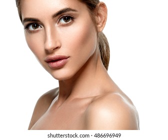 Beautiful Woman Face Close Up Studio On White