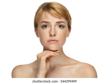 Beautiful Woman Face Freckles Blonde Closeup Portrait