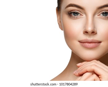 Beautiful woman face with make up and beauty healthy skin and hair portrait. Studio shot.