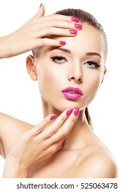 Beautiful Woman Face With Pink Makeup Of Eyes And Nails. Glamour Fashion Model Portrait