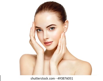 Beautiful Woman Face Portrait Beauty Skin Care Concept. Fashion Beauty Model isolated on white - Shutterstock ID 493876051